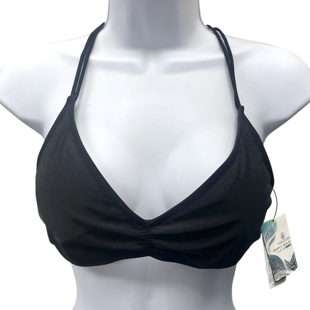 Volcom Women's Size Large Black Triangle Bikini Swim Top Simply Solid V-Neck NWT